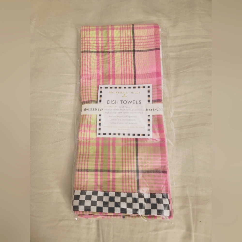NWT Mackenzie-Childs Dish Towels | Set of Three | Pink and Green - Picture 3 of 5